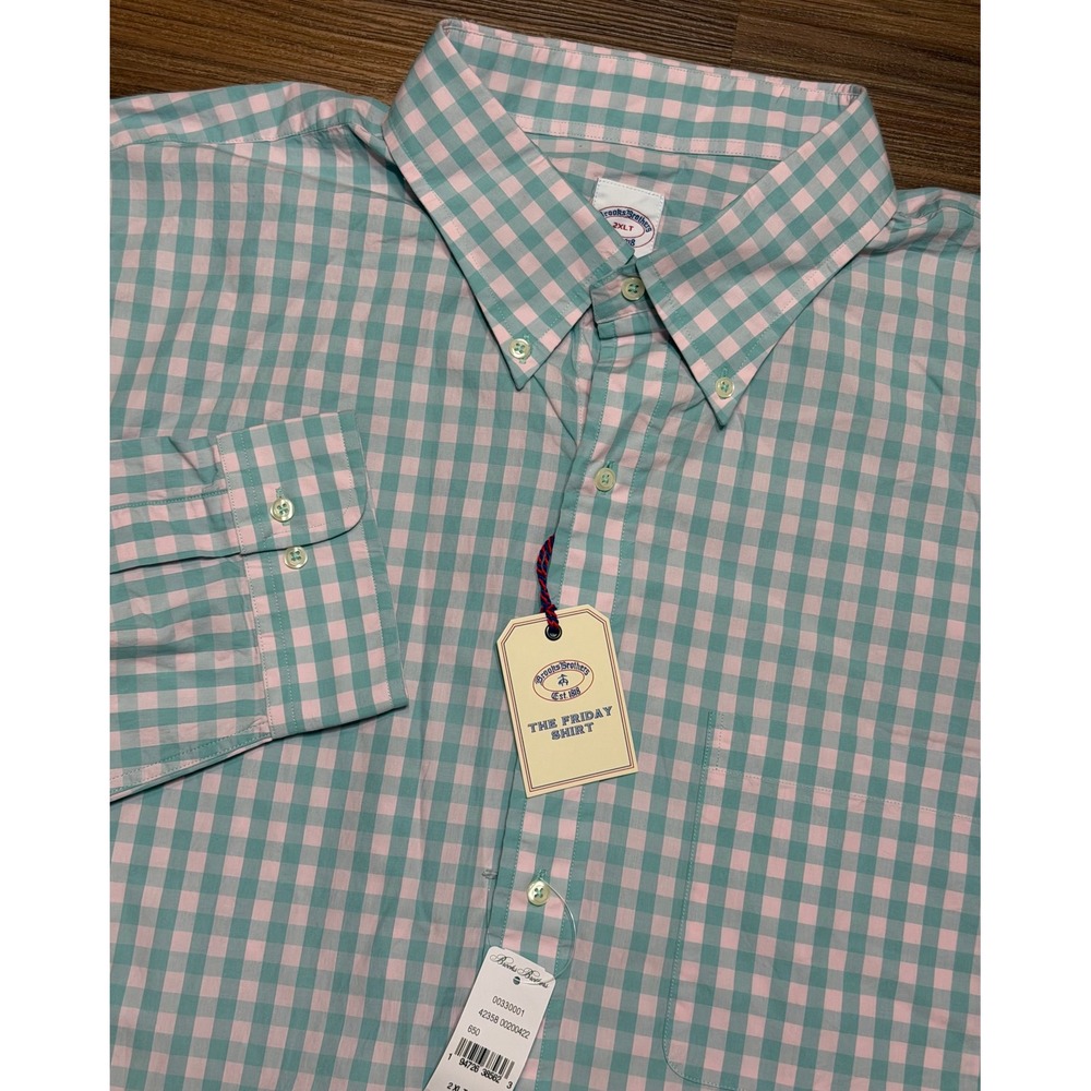 Brooks Brothers The Friday Shirt Teal Pink Gingham Cotton Button Down Sz 2XLT